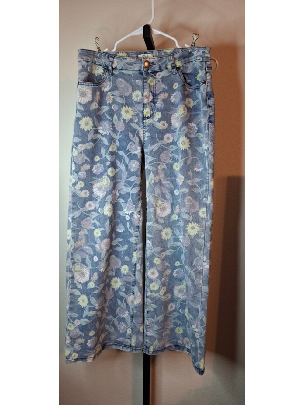 Easel Ladies Washed Floral Print Twill Pants - Washed Denim size M